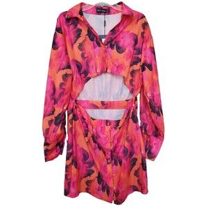 PRETTYLITTLETHING Orange Abstract Woven Cut-Out Button-Down Shirt Dress 12 NWT